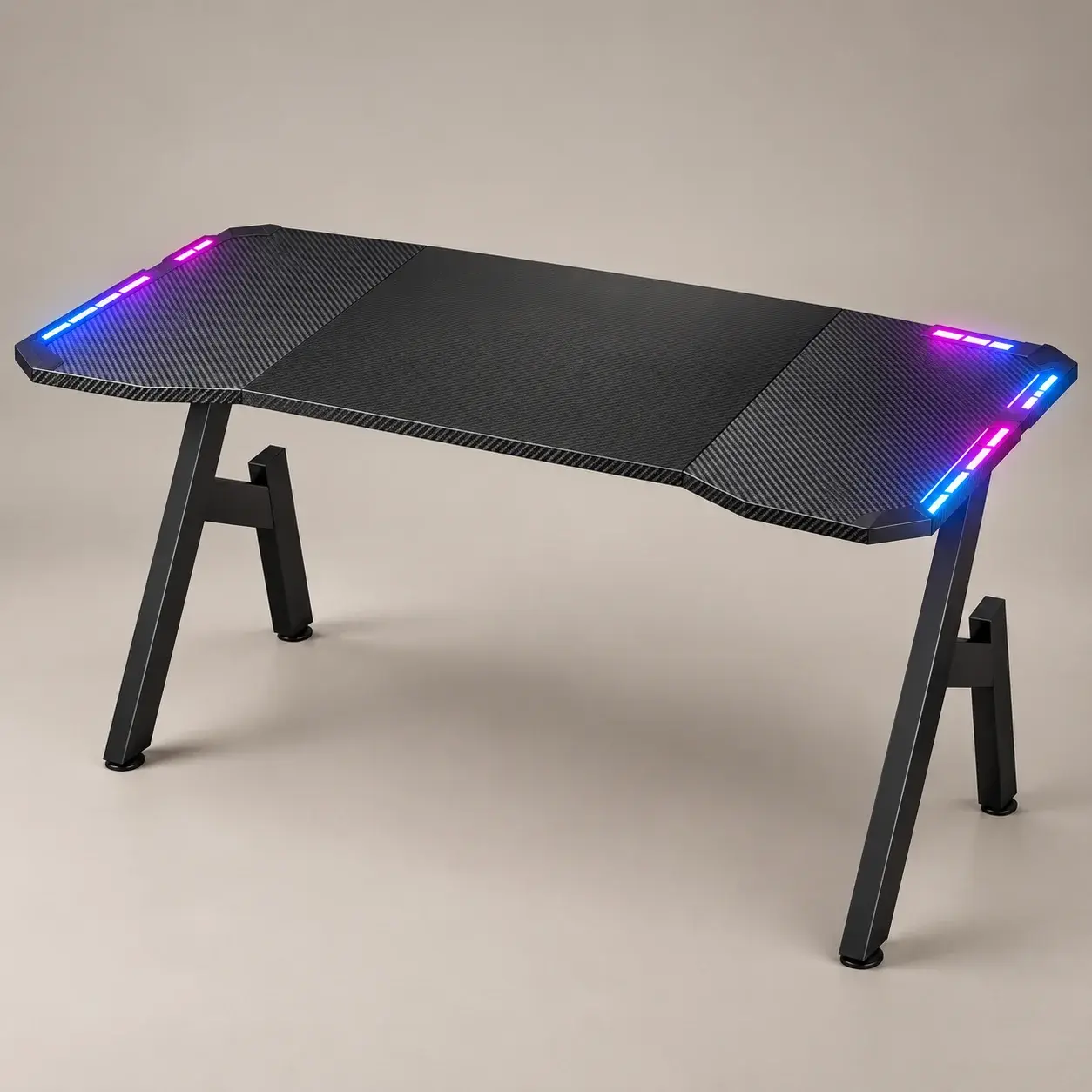 Bureau de Jeu FRODROVIA avec Éclairage LED RGB Contrôlable par Application, Table en Forme de A, Fibre de Carbone