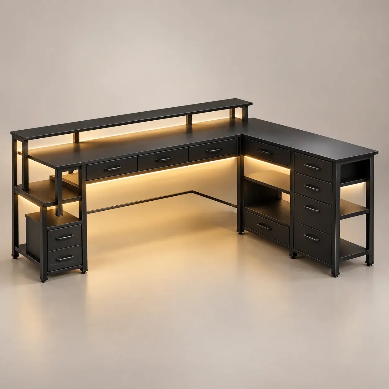 ThomP Bureau de Jeu RGB en Forme de L, Grand Bureau, Stockage Multi-Zones et Prise de Courant Intégrée