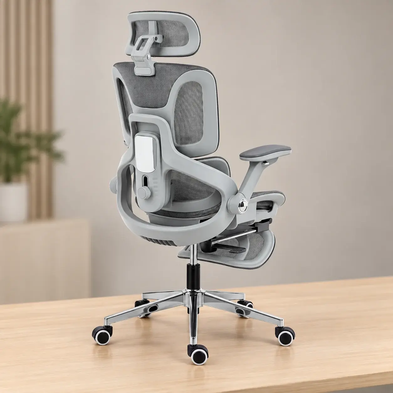 Chaise Bureau Ergonomique avec Accoudoirs 4D, Appui-Tête et Profondeur d'Assise Réglables, Maille Gris