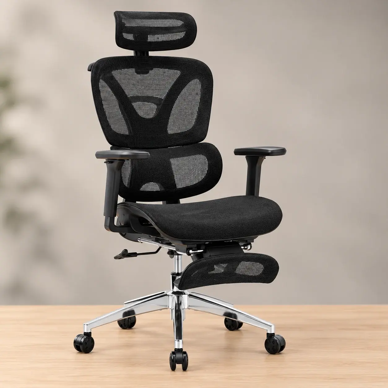 Chaise de Bureau Ergonomique avec Repose-Pieds et Accoudoirs 3D, Pivotante Réglable en Hauteur, Support Lordo Dynamique